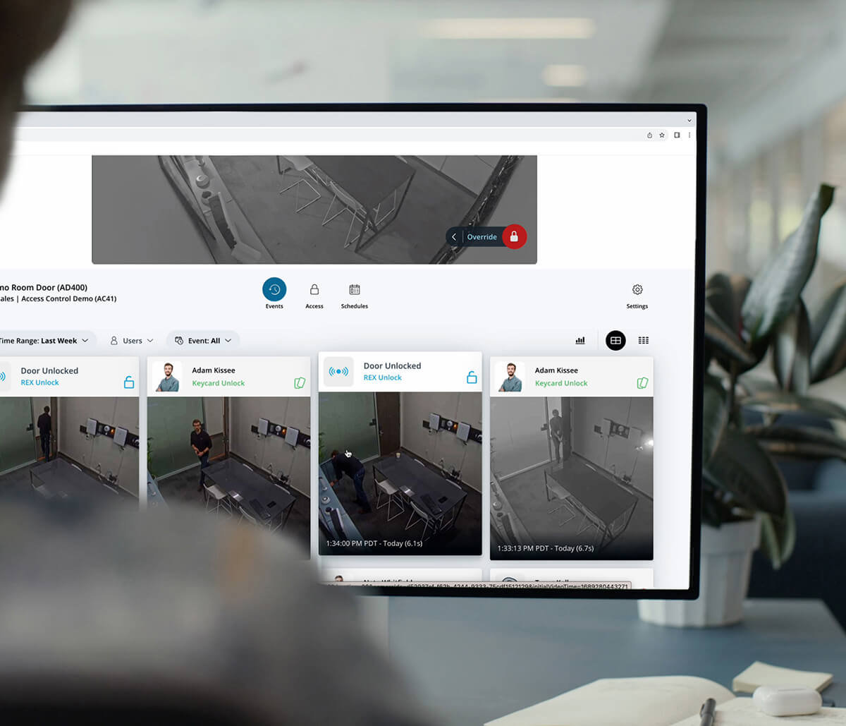 Viewing connected security cameras on a computer.