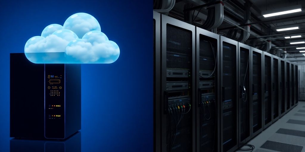 Cloud server and on-premise server room side by side.