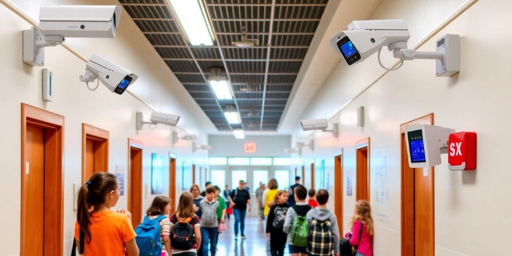 Students in a secure school hallway with technology.