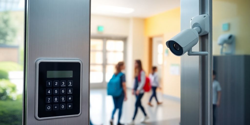 Secure school entrance with access control features.