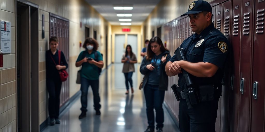 School hallway with students and a security officer present.