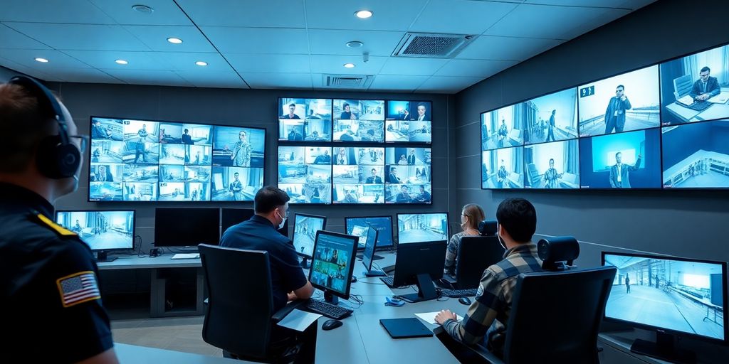 Security personnel monitoring live feeds in a control room.