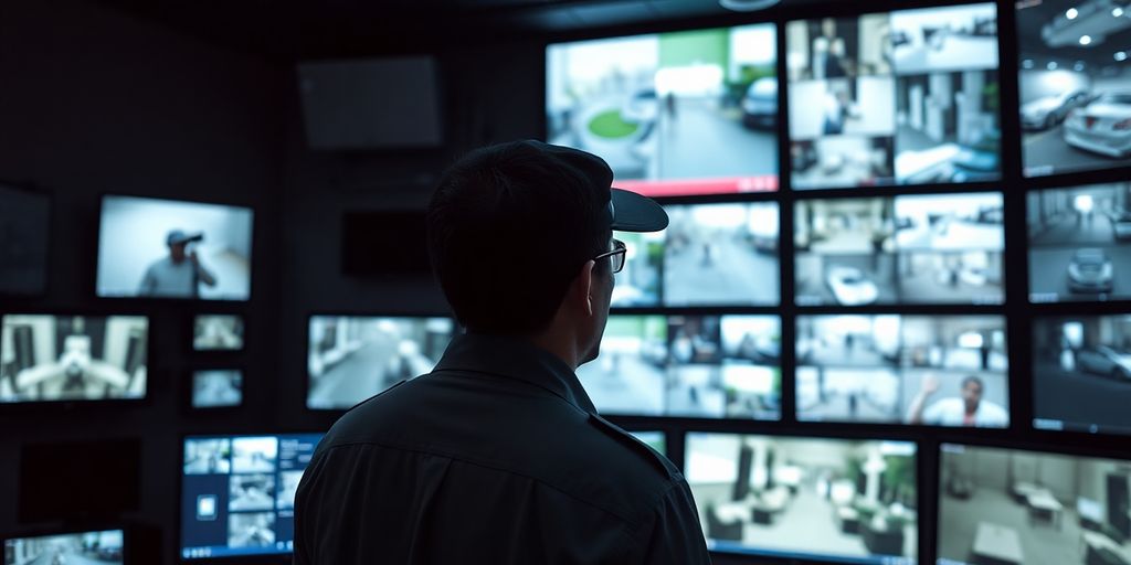 High-tech security room with multiple surveillance screens.
