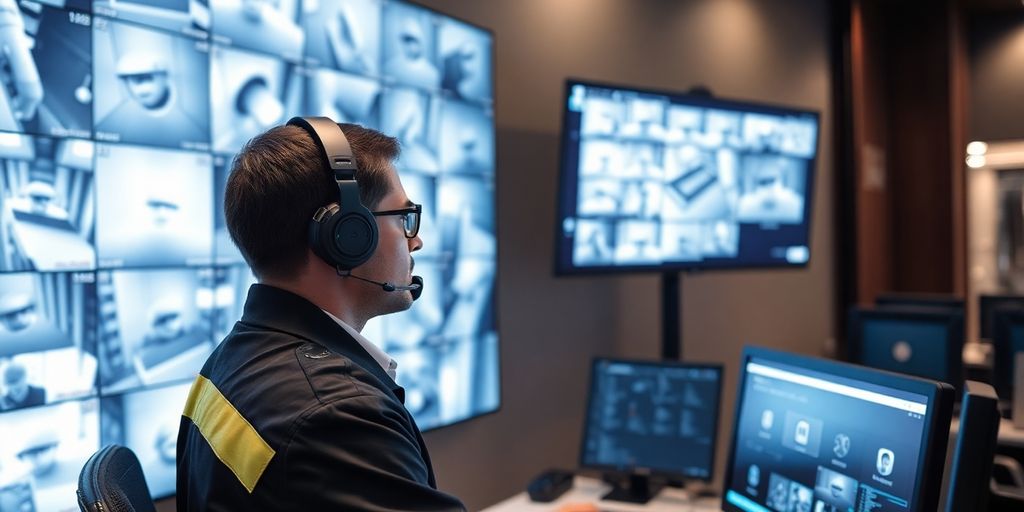 Security guard monitoring digital surveillance screens.