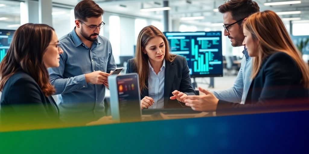 Team collaborating on cybersecurity in a modern office.