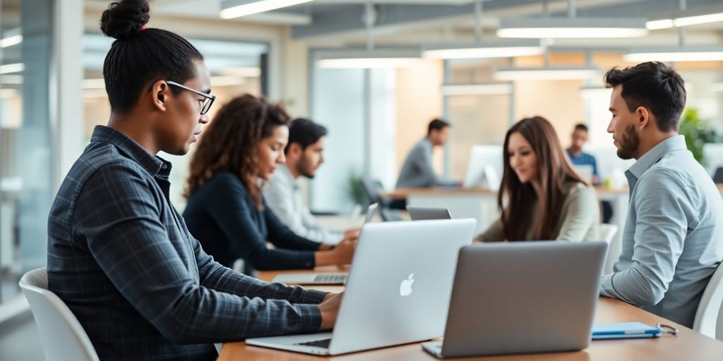 Employees collaborating in a modern office setting.