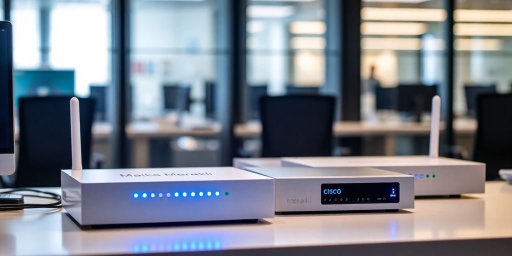 Cisco Meraki cloud-managed networking equipment on a desk.