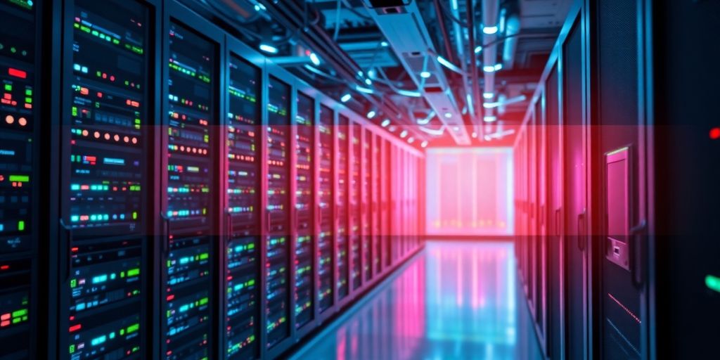Modern data center with interconnected servers and technology.