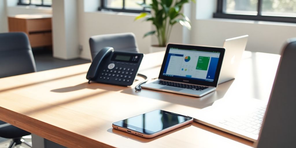 Modern office with cloud phone system equipment on desk.