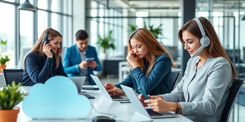 Employees using cloud-based phone systems in a modern office.