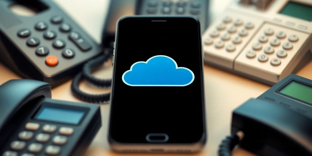 Modern smartphone with cloud icons and traditional phones.