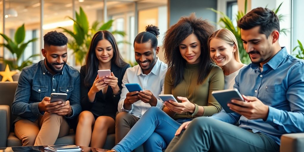 Diverse people using smartphones and laptops in an office.