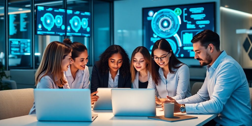 Team collaborating on technology solutions in a modern office.