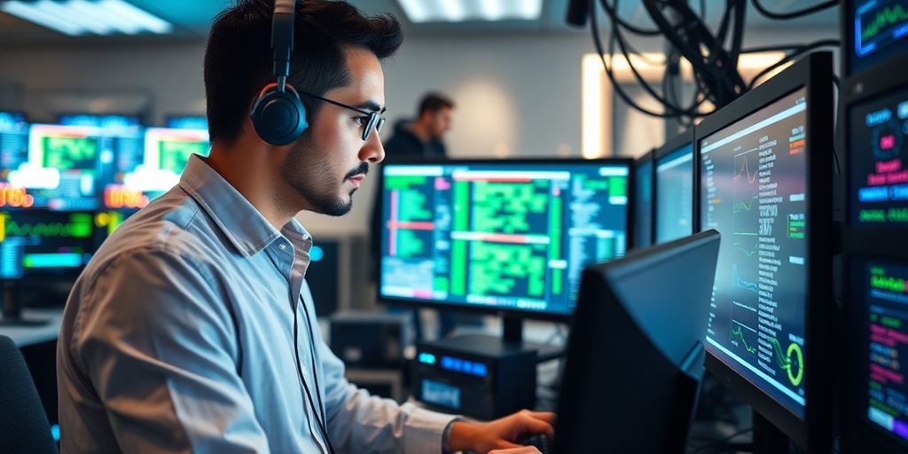 IT technician managing technology in a modern workspace.