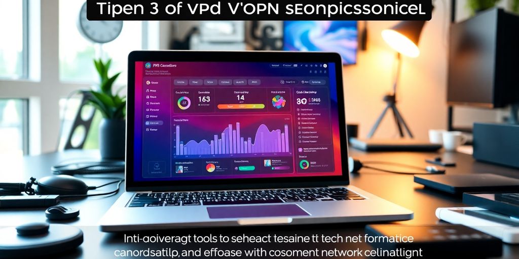 Laptop with VPN dashboard in a modern workspace.
