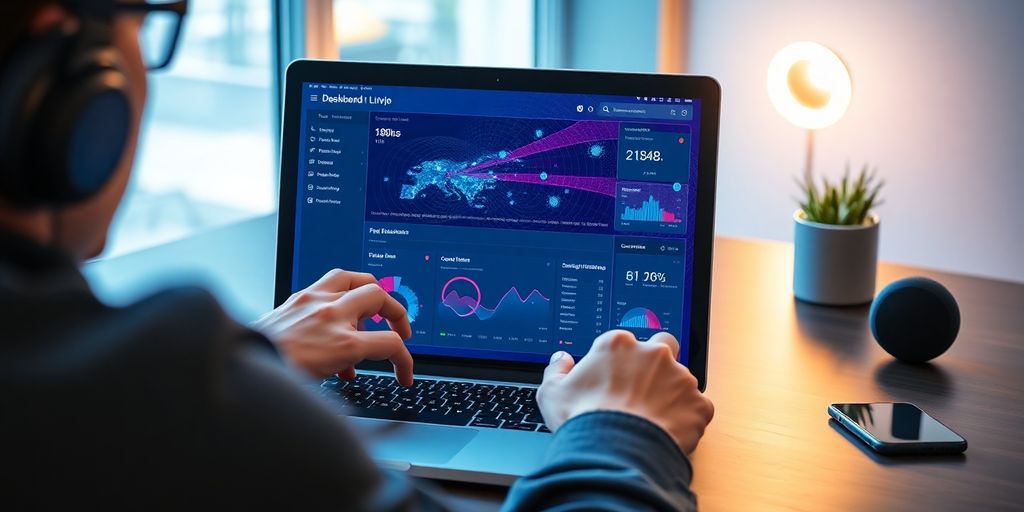 User using a laptop with a dashboard interface for VPN.