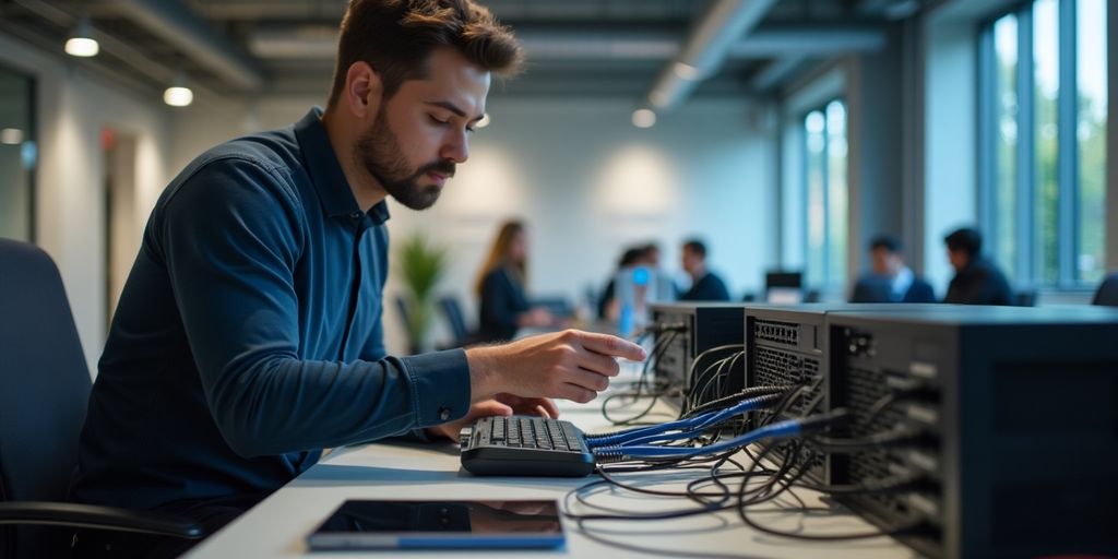 Technician installing Meraki network equipment in an office.