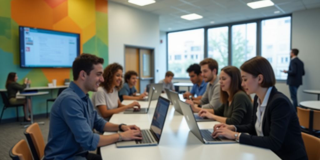 Modern workspace with Meraki networking equipment and staff.