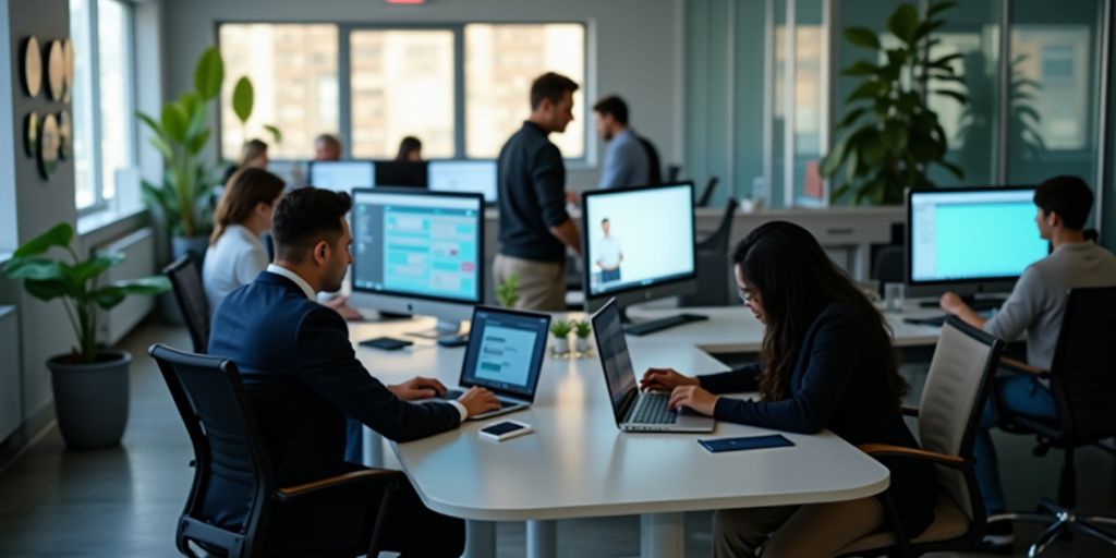 Modern office with professionals focused on their work.
