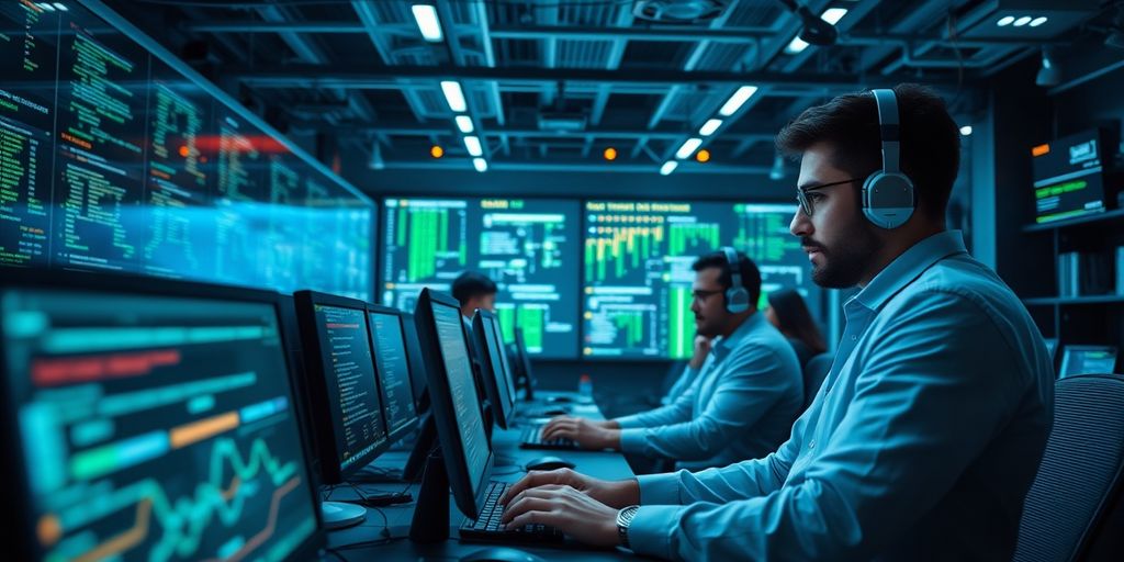 Cybersecurity team working in a high-tech environment.