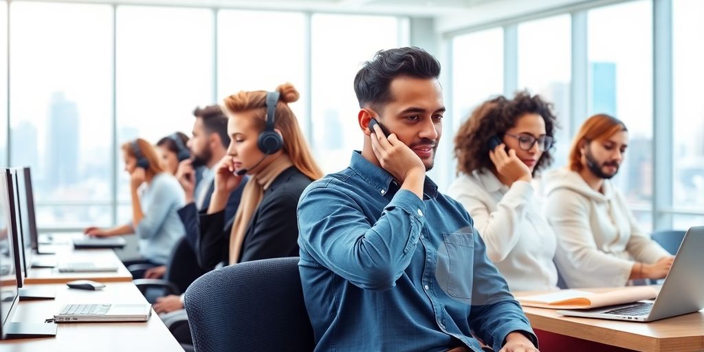 Diverse employees collaborating using cloud phone technology in office.