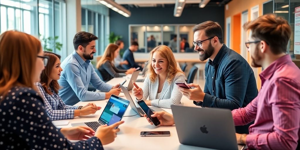 Office workers engaging with customers using modern technology.