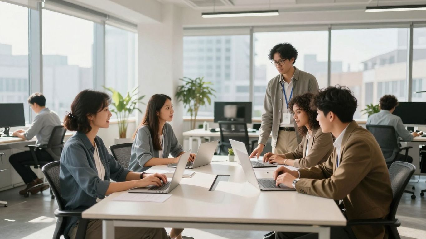 Professionals collaborating in a bright, modern office space.