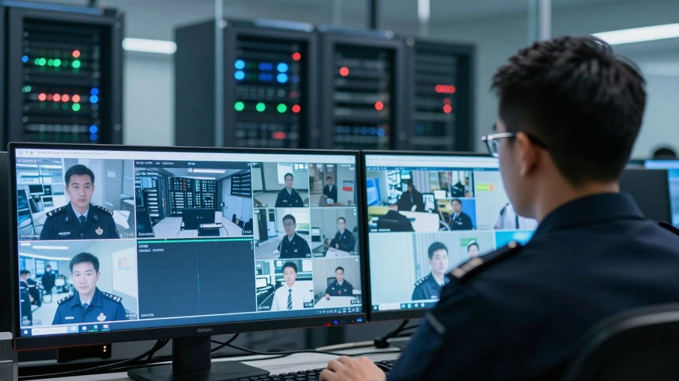 Security control room with monitors and surveillance feeds.