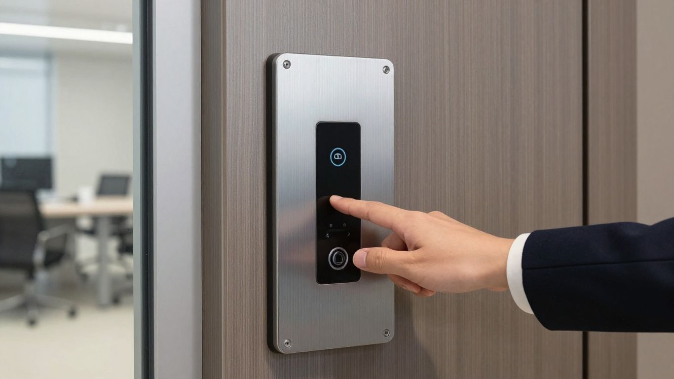 Security access control panel at office entrance