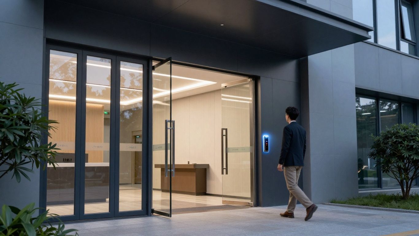 Verkada access control system at an office building entrance.