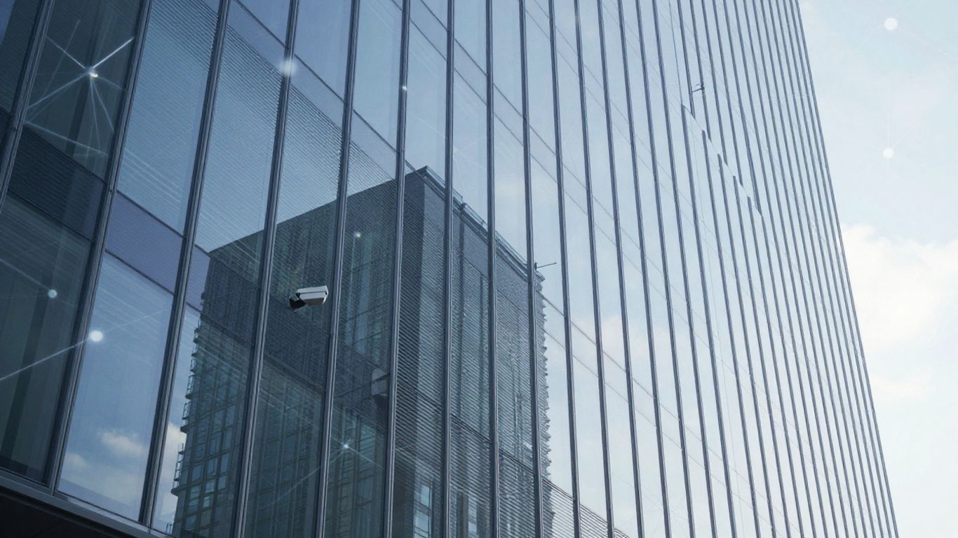 Modern office building with abstract network overlay.