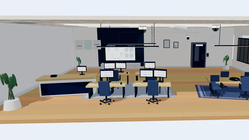 Illustrated 3D office with cameras, an access reader, a wall display, and a network rack.